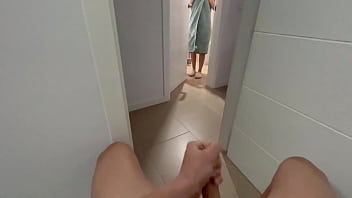 My stepsister shocks me with a handjob at the restroom entrance, then proceeds to perform oral sex until I reach climax